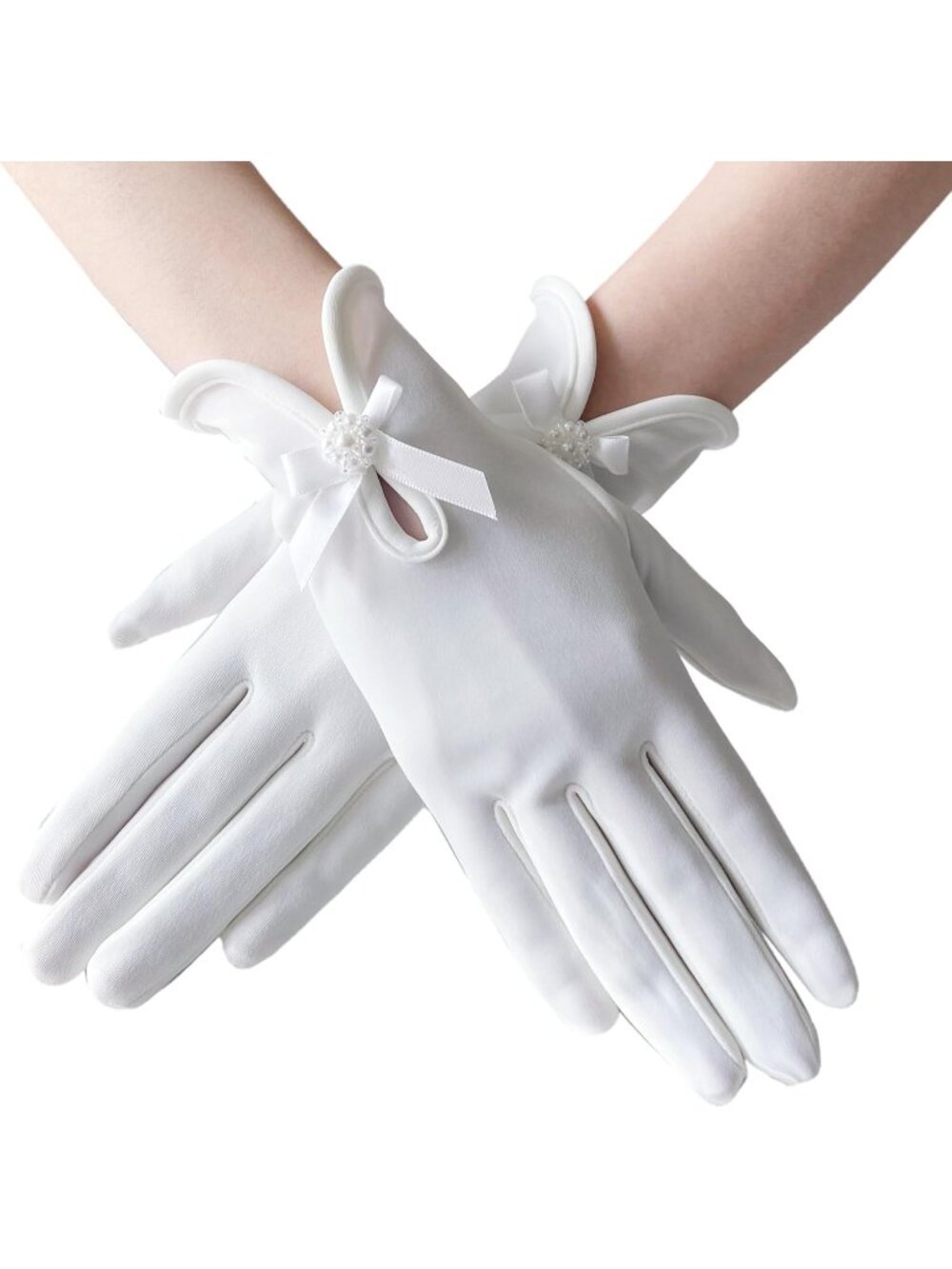 Women's White Floral Lace Pearl Elegant Short Halloween Wedding Opera Gloves